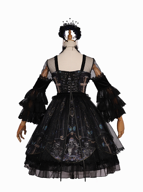 Butterfly Music Series OP Vintage Chiffon Pleated Lace Skull Butterfly Print Ruffled Pleated Puff Sleeves Dark Gothic Lolita Dress Set