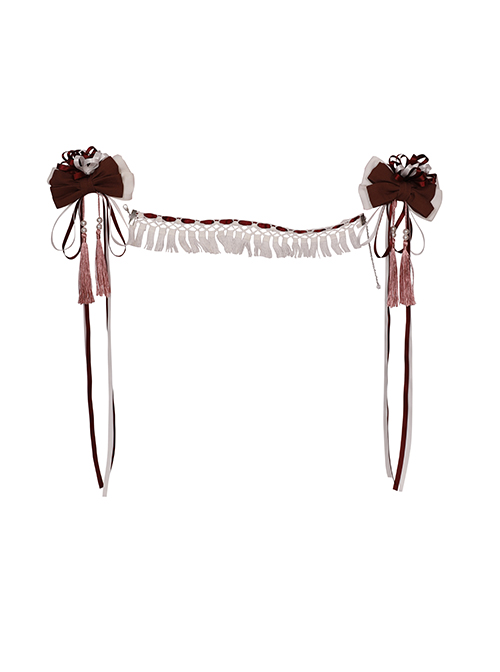 Chinese Style Chiffon Ruffled Pleats Sweet High Waist Tie Rope  Puppy Print Bow Knot Decoration Classic Lolita OP Dress Set