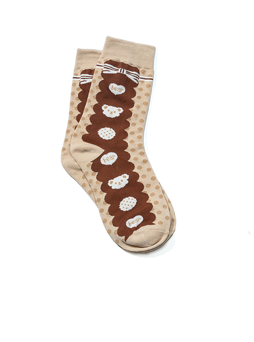 Autumn Winter Brown Bear Pattern Print Bow Knot Decoration Polka Dots Lolita Short Socks