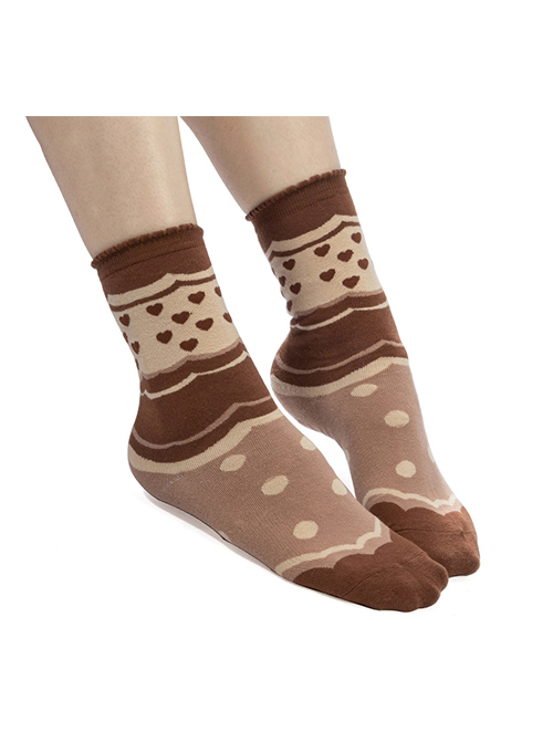 Autumn Winter Brown Polka Dots Pattern Print Heart Shape Lolita Short Socks