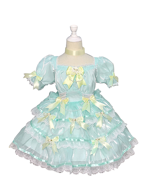 Pale Yellow Bow Knots Layered Hems Pleated Lace Children Sweet Lolita Kids Green Muslin Short Sleeve Dress