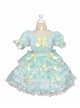 Pale Yellow Bow Knots Layered Hems Pleated Lace Children Sweet Lolita Kids Green Muslin Short Sleeve Dress