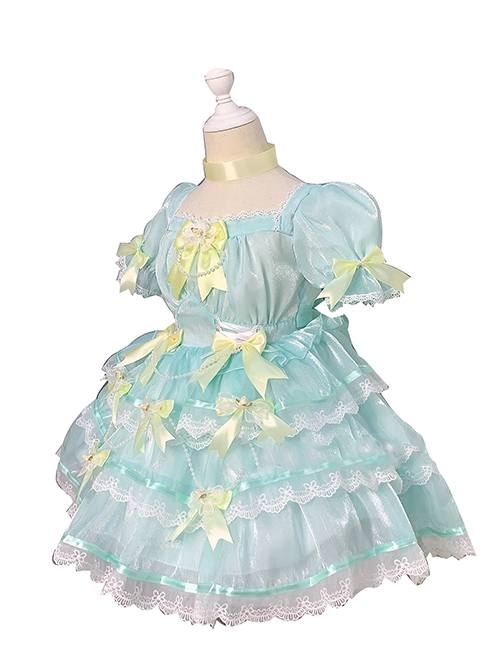 Pale Yellow Bow Knots Layered Hems Pleated Lace Children Sweet Lolita Kids Green Muslin Short Sleeve Dress