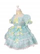 Pale Yellow Bow Knots Layered Hems Pleated Lace Children Sweet Lolita Kids Green Muslin Short Sleeve Dress