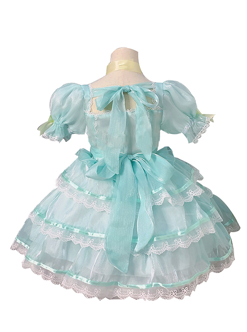 Pale Yellow Bow Knots Layered Hems Pleated Lace Children Sweet Lolita Kids Green Muslin Short Sleeve Dress