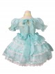 Pale Yellow Bow Knots Layered Hems Pleated Lace Children Sweet Lolita Kids Green Muslin Short Sleeve Dress