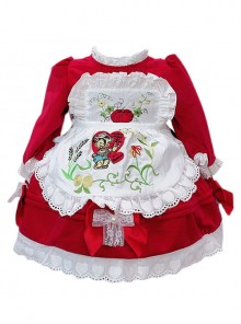 Pleated Lace Apron Design Cute Pattern Embroidery Children Classic Lolita Bow Knots Kids Long Sleeves Dress