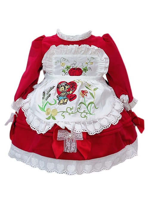 Pleated Lace Apron Design Cute Pattern Embroidery Children Classic Lolita Bow Knots Kids Long Sleeves Dress