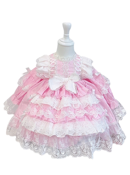 Jacquard Embroidered Lace Double Pleated Hems Children Cute Pink Sweet Lolita Bow Knots Kids Long Sleeves Dress