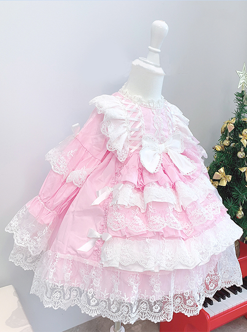 Jacquard Embroidered Lace Double Pleated Hems Children Cute Pink Sweet Lolita Bow Knots Kids Long Sleeves Dress