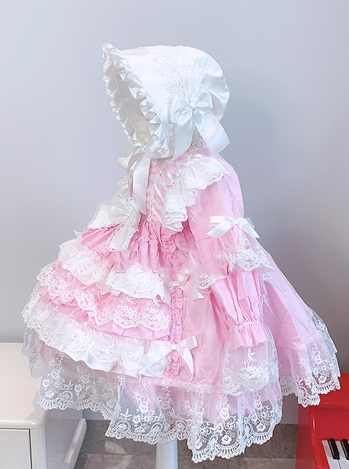 Jacquard Embroidered Lace Double Pleated Hems Children Cute Pink Sweet Lolita Bow Knots Kids Long Sleeves Dress