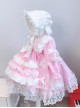 Jacquard Embroidered Lace Double Pleated Hems Children Cute Pink Sweet Lolita Bow Knots Kids Long Sleeves Dress