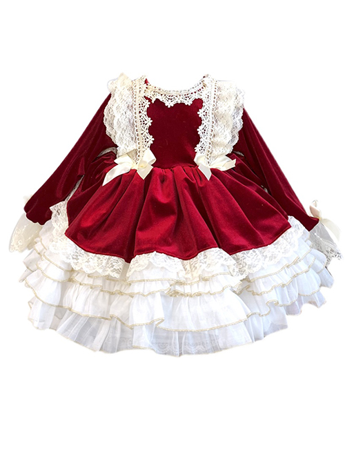 Red Velvet Crinkled Puff Lace Double Layer Hem Lace Jacquard Trim Children Classic Lolita Long Sleeve Kids Dress