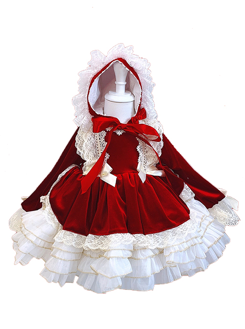 Red Velvet Crinkled Puff Lace Double Layer Hem Lace Jacquard Trim Children Classic Lolita Long Sleeve Kids Dress