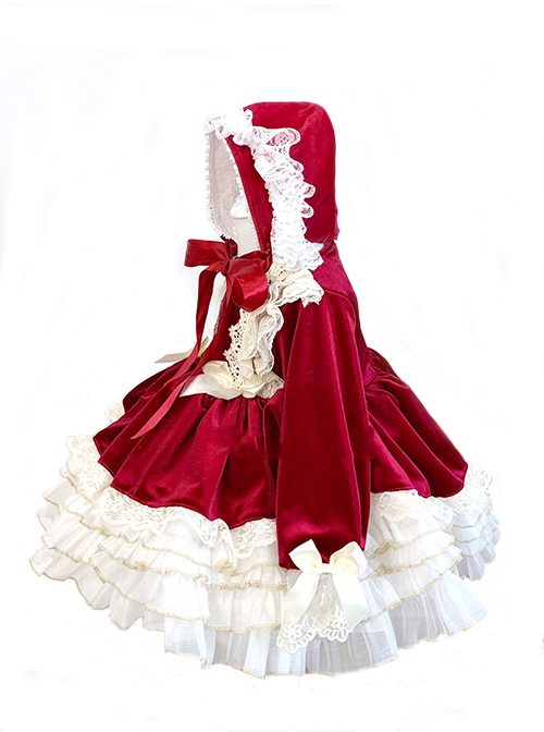 Red Velvet Crinkled Puff Lace Double Layer Hem Lace Jacquard Trim Children Classic Lolita Long Sleeve Kids Dress