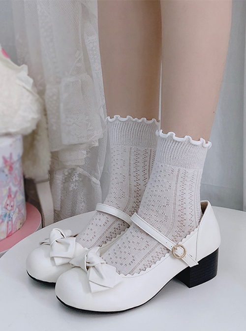 Solid Color Hollow Mesh Ruffle Design Comfortable Breathable Summer Classic Lolita Short Socks