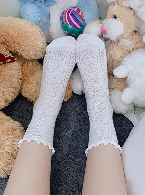 Solid Color Hollow Mesh Ruffle Design Comfortable Breathable Summer Classic Lolita Short Socks