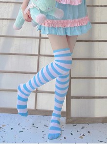 Classic Two-Color Splicing Stripe Cat Paw Print Decoration Lolita Long Socks