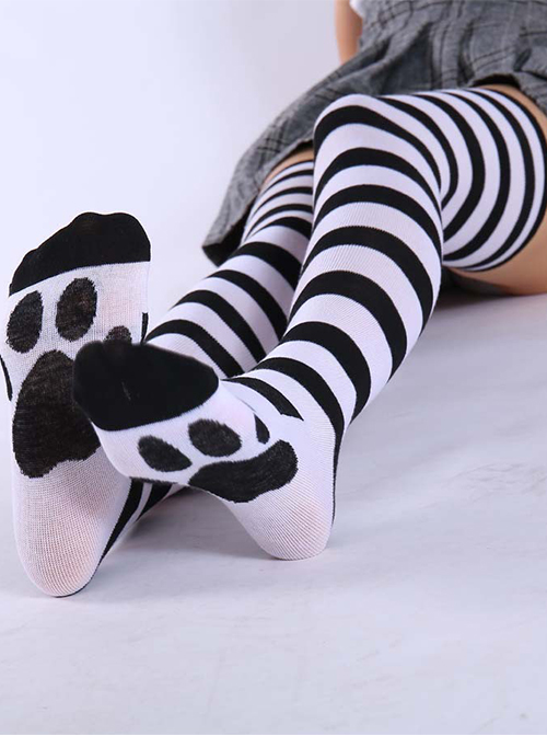 Classic Two-Color Splicing Stripe Cat Paw Print Decoration Lolita Long Socks