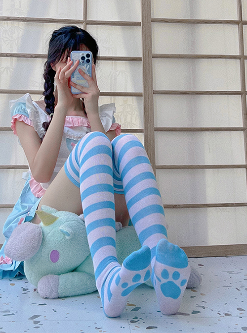 Classic Two-Color Splicing Stripe Cat Paw Print Decoration Lolita Long Socks