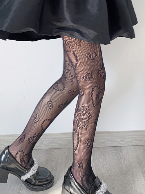 Sexy Solid Color Heart Shape Jacquard Hollow Out Flower Decoration Lolita Long Fishnet Socks