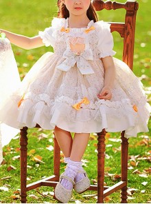 Cute Small Pink Flowers Pleated Lace Bow Knots Decoration Children Classic Lolita Kids Short Sleeve Dress