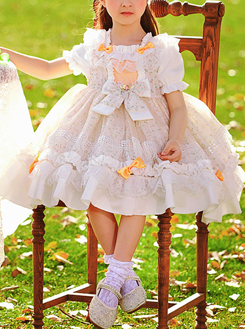 Cute Small Pink Flowers Pleated Lace Bow Knots Decoration Children Classic Lolita Kids Short Sleeve Dress