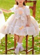 Cute Small Pink Flowers Pleated Lace Bow Knots Decoration Children Classic Lolita Kids Short Sleeve Dress