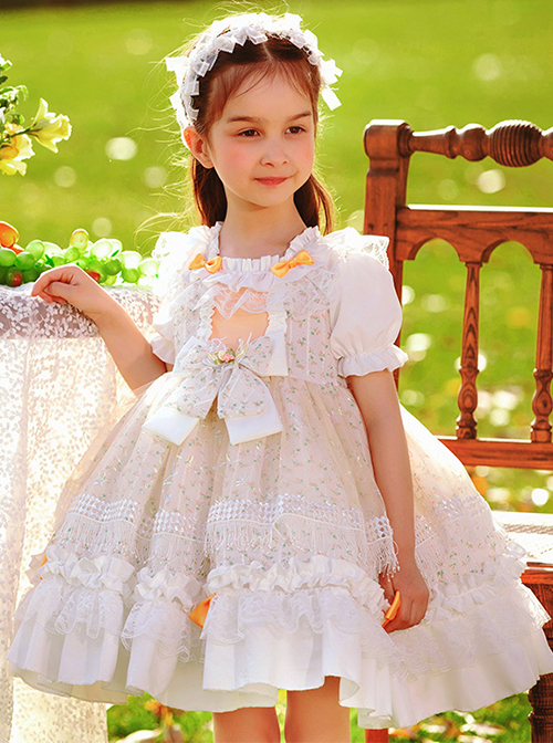 Cute Small Pink Flowers Pleated Lace Bow Knots Decoration Children Classic Lolita Kids Short Sleeve Dress