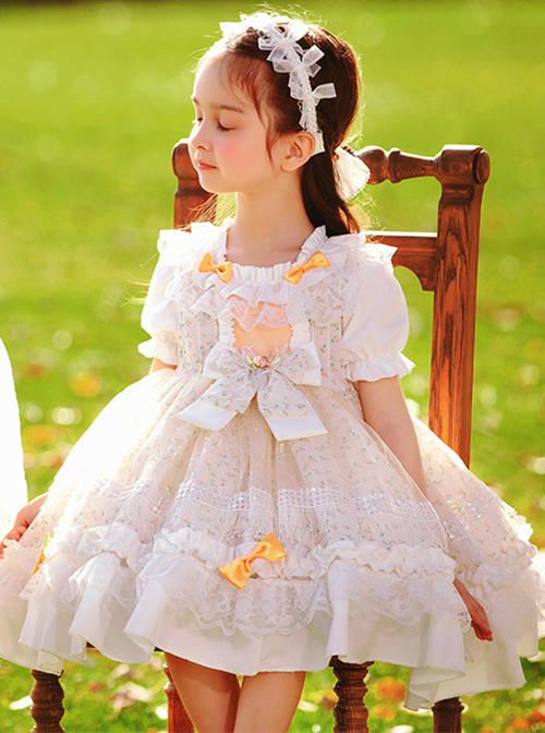 Cute Small Pink Flowers Pleated Lace Bow Knots Decoration Children Classic Lolita Kids Short Sleeve Dress