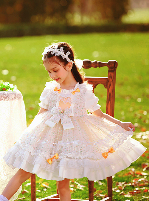 Cute Small Pink Flowers Pleated Lace Bow Knots Decoration Children Classic Lolita Kids Short Sleeve Dress