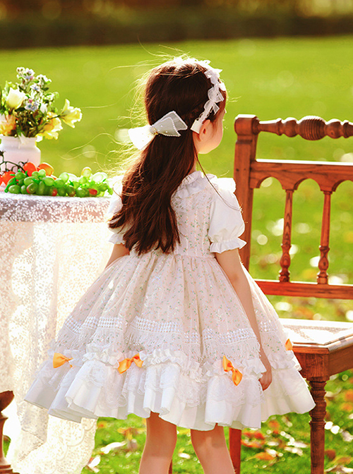 Cute Small Pink Flowers Pleated Lace Bow Knots Decoration Children Classic Lolita Kids Short Sleeve Dress