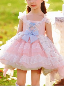 Chiffon Double Pleated Hem Decorative Floral Lace Blue Bow Knot Children Classic Lolita Kids Sleeveless Dress