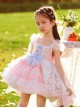 Chiffon Double Pleated Hem Decorative Floral Lace Blue Bow Knot Children Classic Lolita Kids Sleeveless Dress