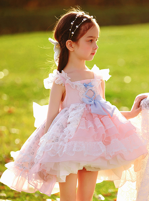 Chiffon Double Pleated Hem Decorative Floral Lace Blue Bow Knot Children Classic Lolita Kids Sleeveless Dress