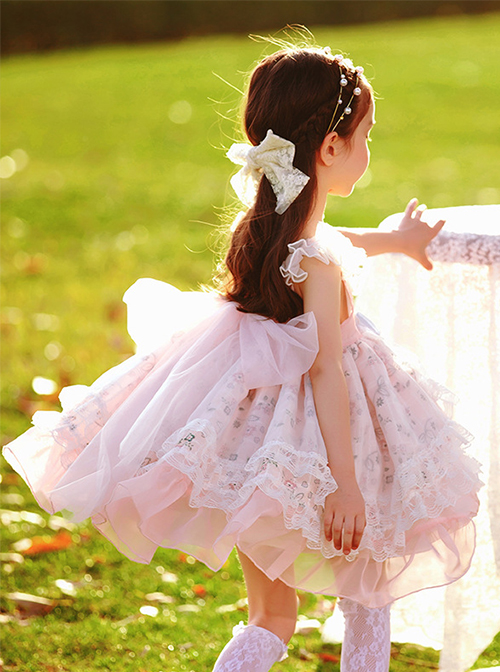 Chiffon Double Pleated Hem Decorative Floral Lace Blue Bow Knot Children Classic Lolita Kids Sleeveless Dress