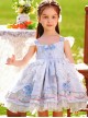Cute Cartoon Pattern Print Blue Bow Knots Layered Pleated Lace Trim Children Lolita Kids Sleeveless Dress