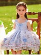 Cute Cartoon Pattern Print Blue Bow Knots Layered Pleated Lace Trim Children Lolita Kids Sleeveless Dress