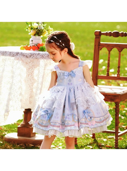 Cute Cartoon Pattern Print Blue Bow Knots Layered Pleated Lace Trim Children Lolita Kids Sleeveless Dress