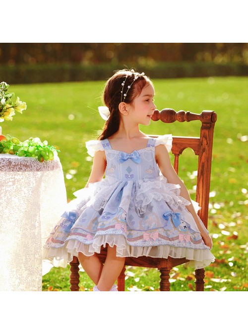 Cute Cartoon Pattern Print Blue Bow Knots Layered Pleated Lace Trim Children Lolita Kids Sleeveless Dress