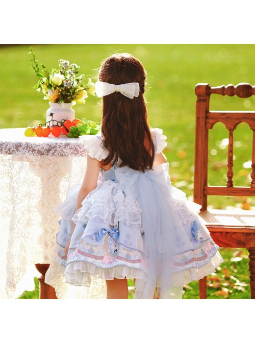 Cute Cartoon Pattern Print Blue Bow Knots Layered Pleated Lace Trim Children Lolita Kids Sleeveless Dress