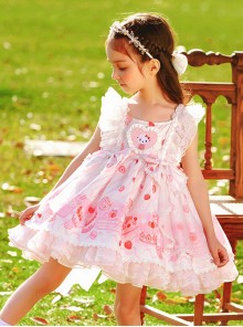 Pink Sweet Graphic-Print Heart Shape Design Jacquard Embroidered Crinkled Lace Children Lolita Kids Sleeveless Dress