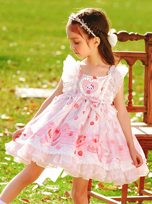 Pink Sweet Graphic-Print Heart Shape Design Jacquard Embroidered Crinkled Lace Children Lolita Kids Sleeveless Dress