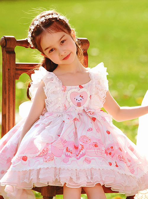 Pink Sweet Graphic-Print Heart Shape Design Jacquard Embroidered Crinkled Lace Children Lolita Kids Sleeveless Dress