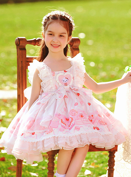 Pink Sweet Graphic-Print Heart Shape Design Jacquard Embroidered Crinkled Lace Children Lolita Kids Sleeveless Dress