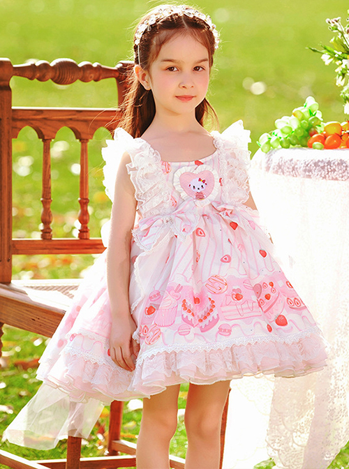 Pink Sweet Graphic-Print Heart Shape Design Jacquard Embroidered Crinkled Lace Children Lolita Kids Sleeveless Dress