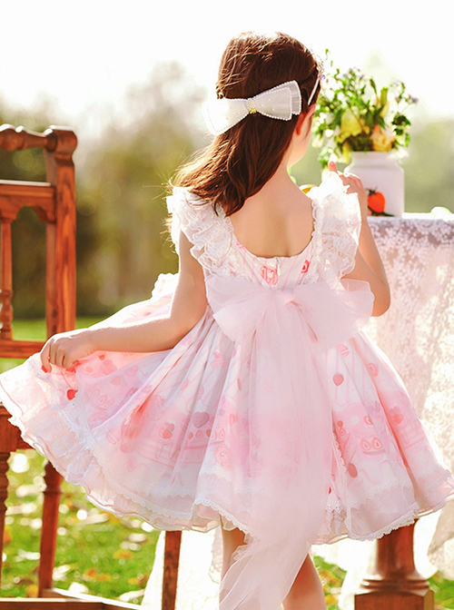 Pink Sweet Graphic-Print Heart Shape Design Jacquard Embroidered Crinkled Lace Children Lolita Kids Sleeveless Dress