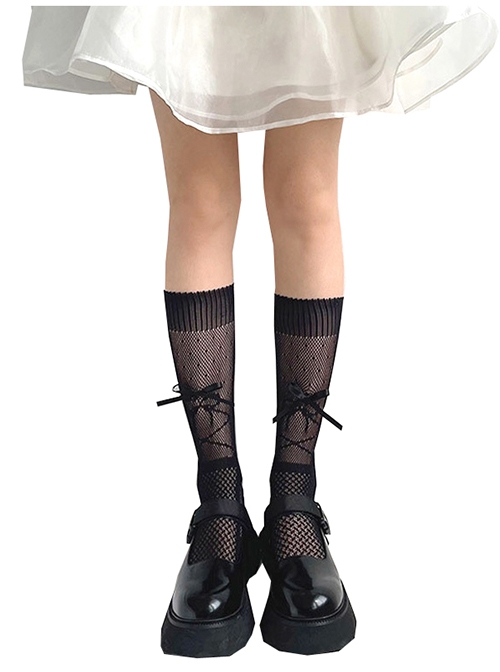 Sweet And Cool Girl Lace Hollow Hole Bow Knot Decoration Lolita Calf Half Tube Socks