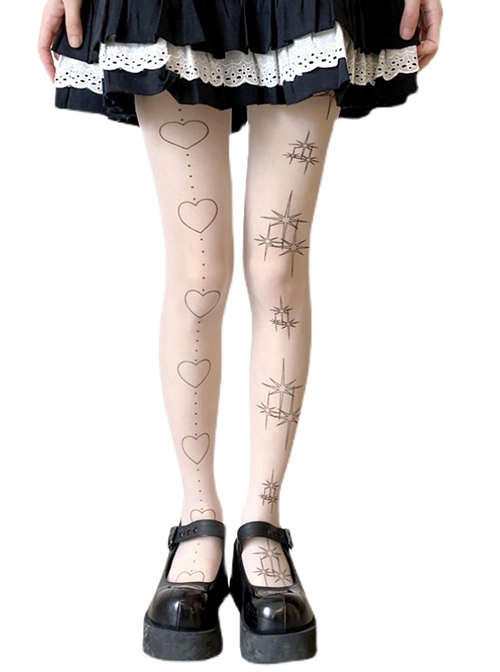 Sweet Girl Irregular Niche Heart Shape Printing Star Pattern Lolita White Pantyhose