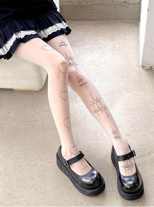 Sweet Girl Irregular Niche Heart Shape Printing Star Pattern Lolita White Pantyhose